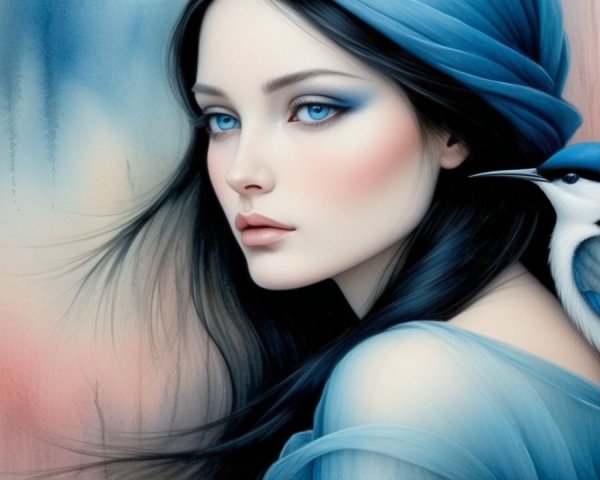 Serene Woman with Blue Eyes and Pastel Colors