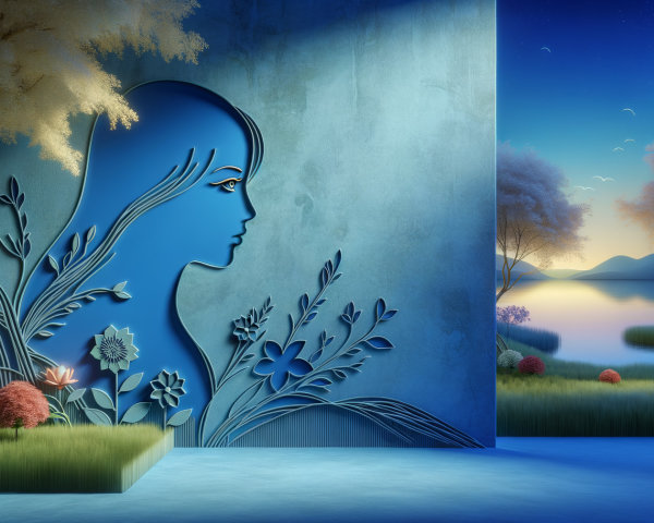 Serene Blue Wall with Floral Woman Profile and Lake