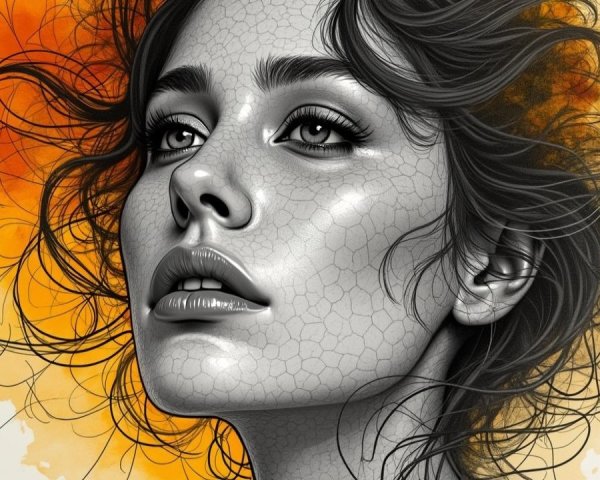 Illustration of a young woman with flowing hair and honeycomb texture
