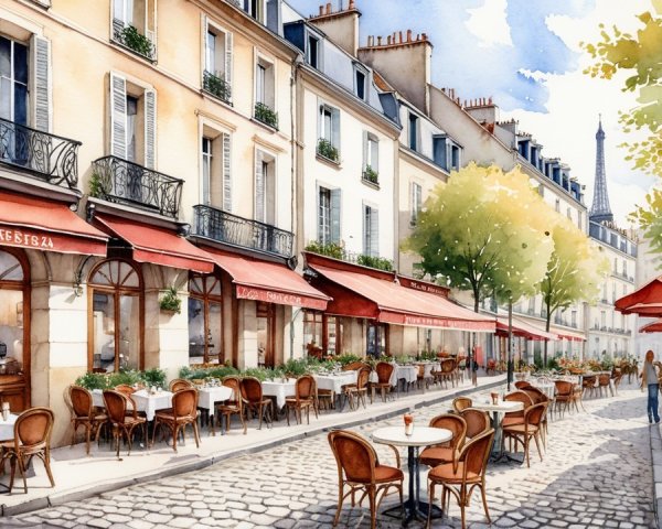 Charming Parisian Street Scene with Cafés and Eiffel Tower