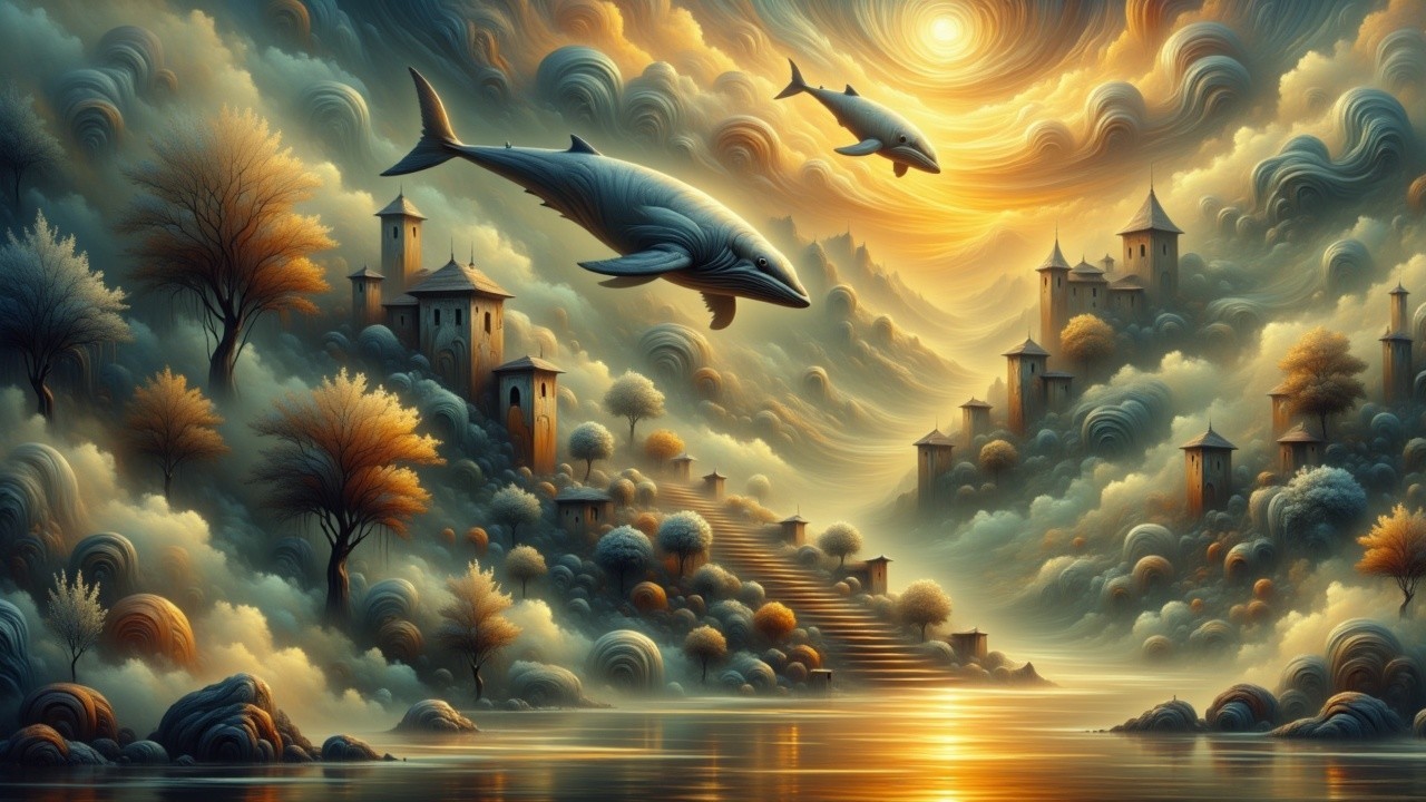 Surreal Landscape with Dolphins and Ethereal Towns