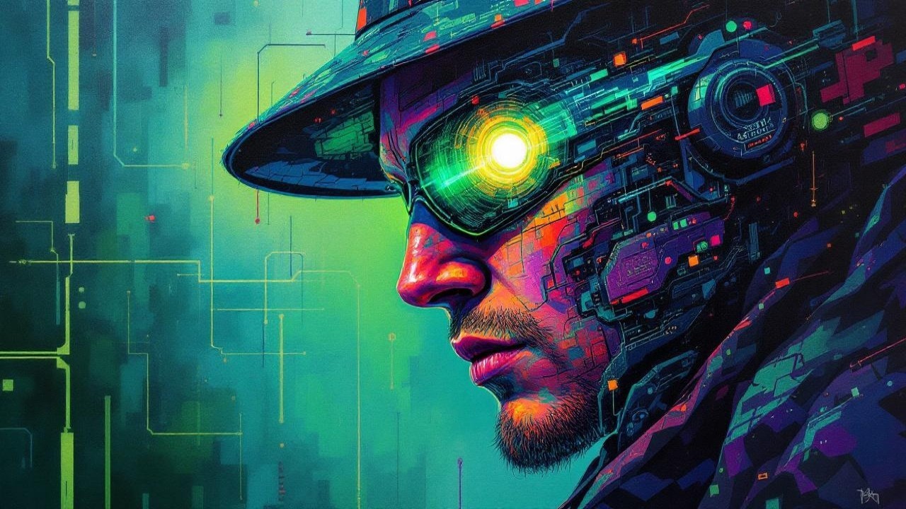 Futuristic Cybernetic Figure with Digital Background