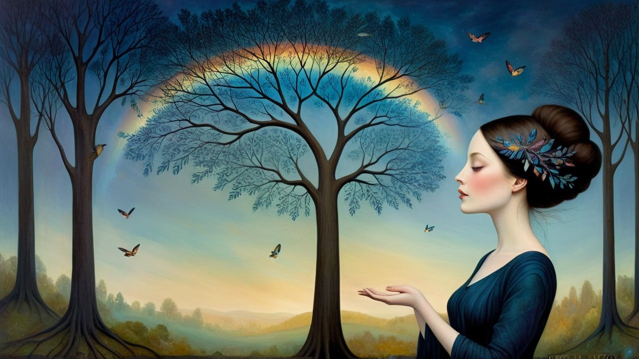 Serene Woman in Nature with Sunset and Butterflies