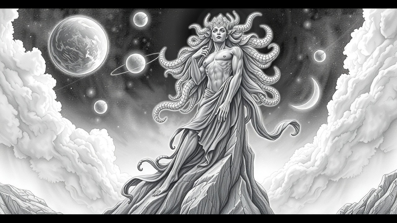 Monochromatic Scene of Ethereal Figure and Celestial Elements