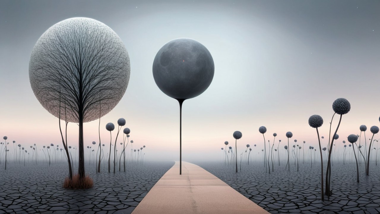 Surreal Landscape with Leafless Trees and Spherical Forms