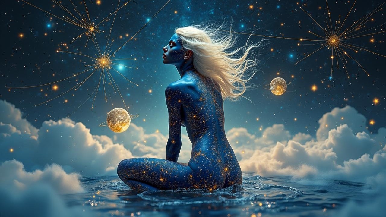 Celestial Figure in Water Surrounded by Stars and Clouds
