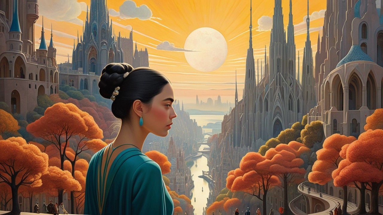 Serene Woman Overlooking Sunset Landscape with Spires