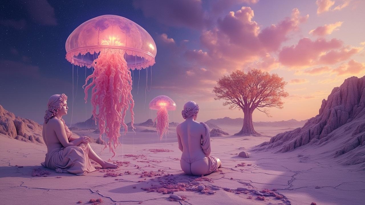 Surreal Landscape with Ethereal Figures and Jellyfish