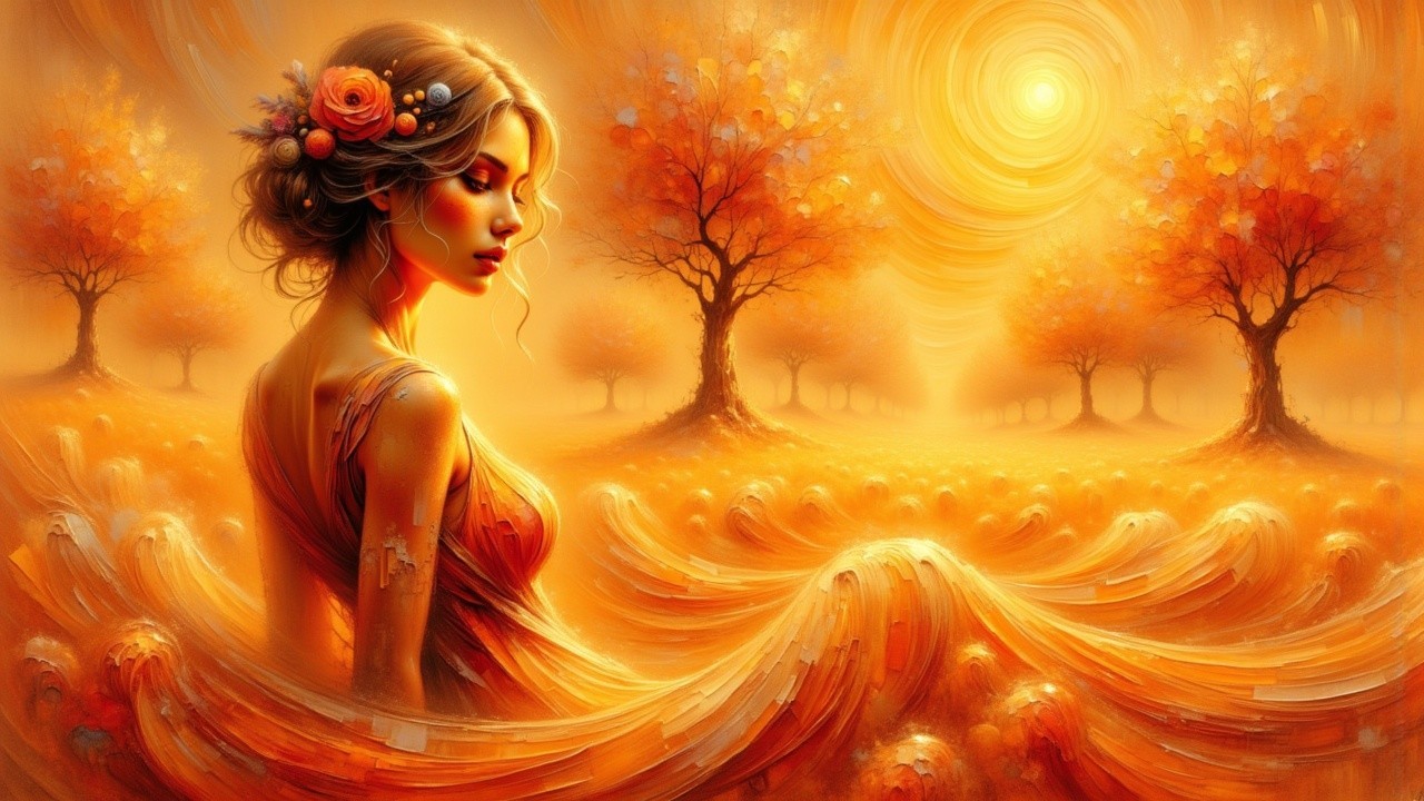 Woman in Autumn Landscape with Golden Waves and Sunlight