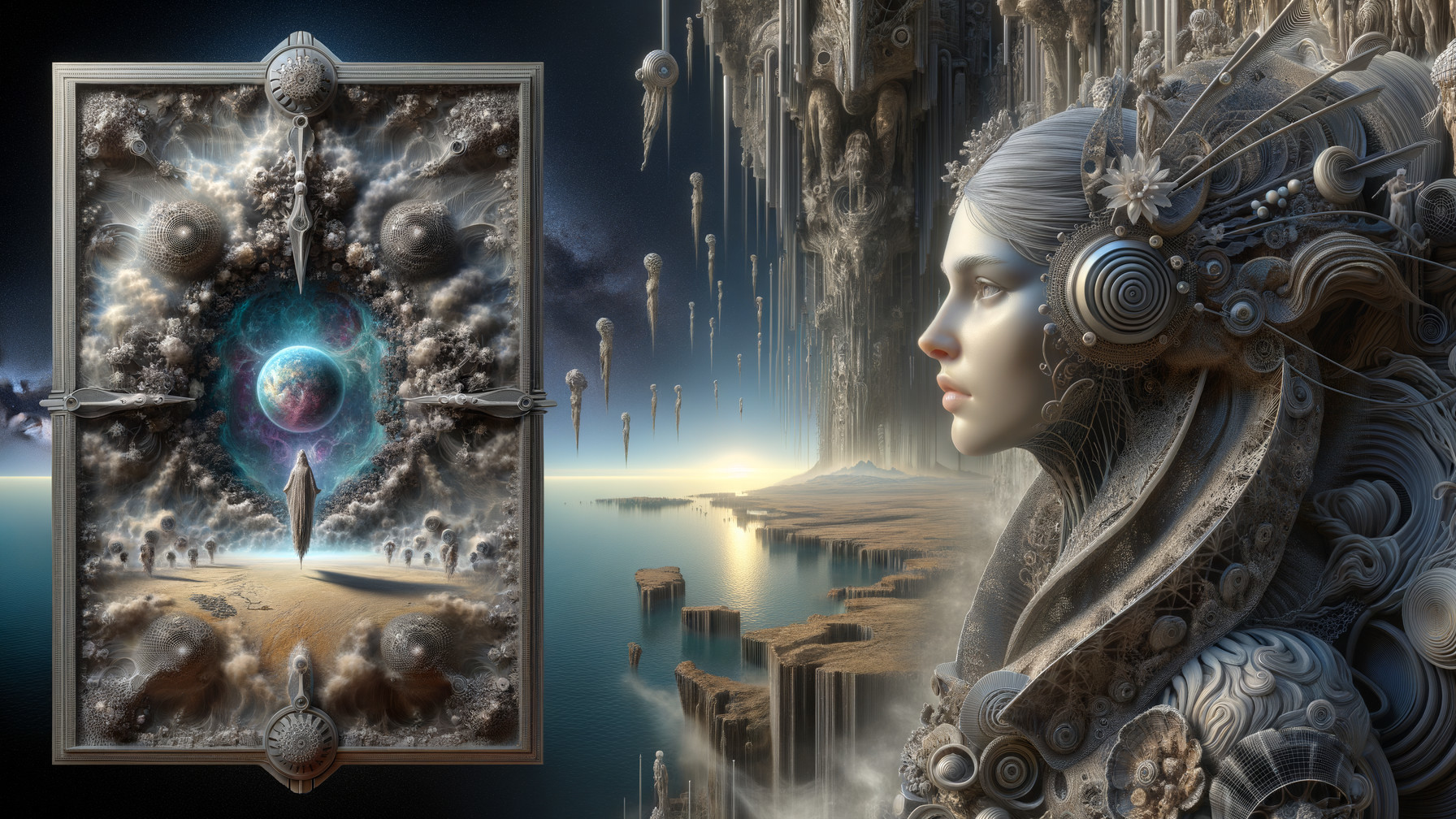 Surreal Landscape with Futuristic Female Figure and Portal