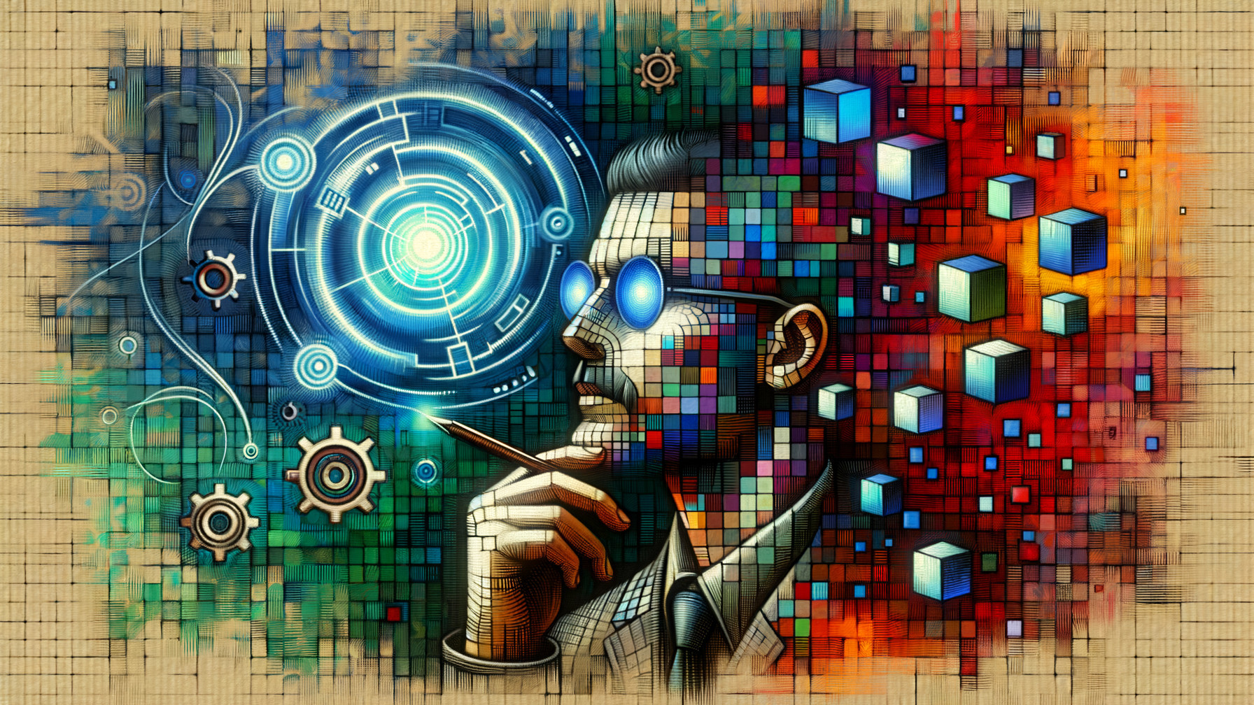 Contemplative Figure in Vibrant Digital Landscape