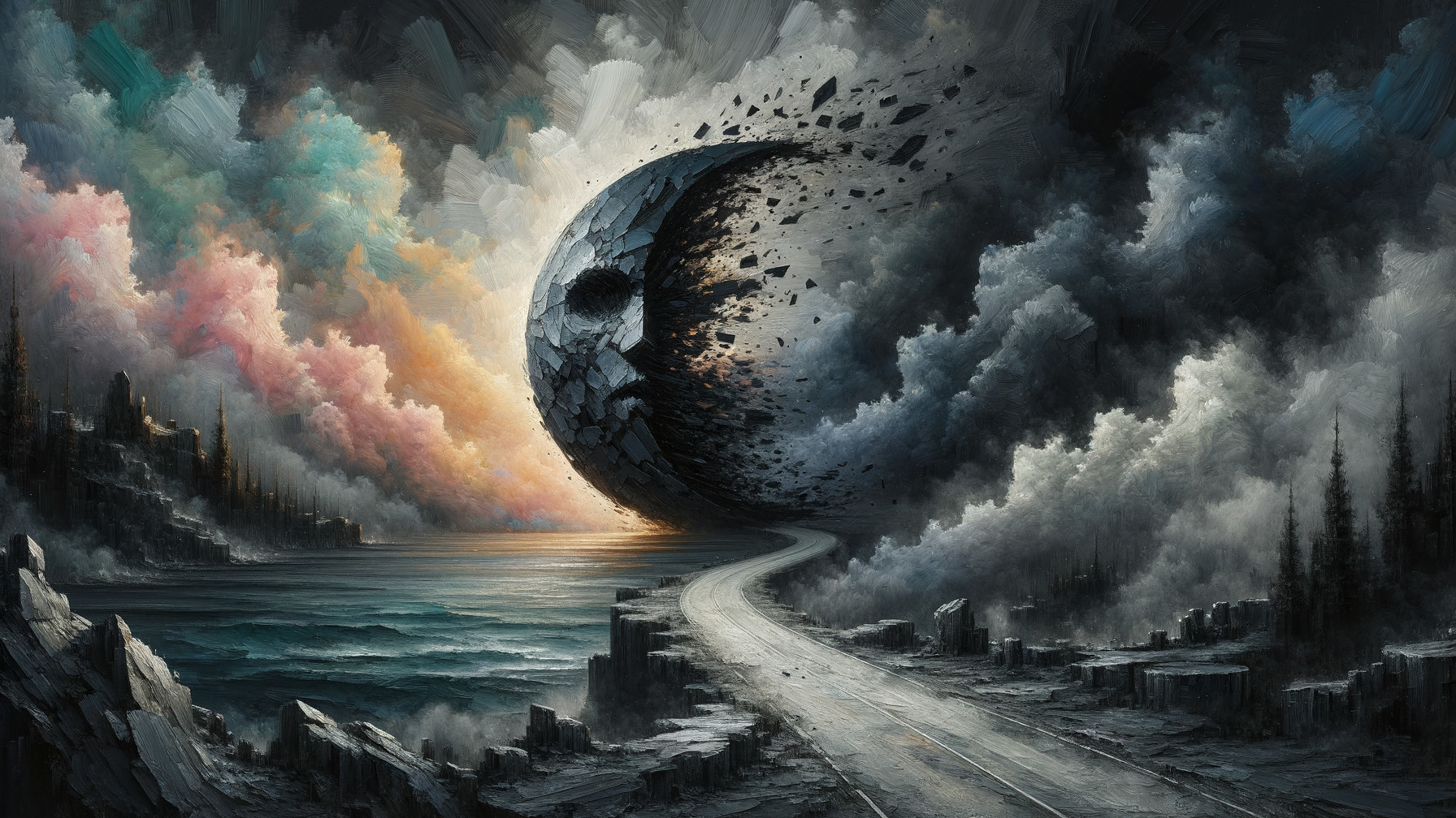 Surreal Landscape with Fragmented Moon and Ocean