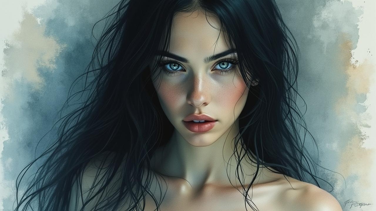 Close-up Portrait of a Woman with Blue Eyes and Dark Hair