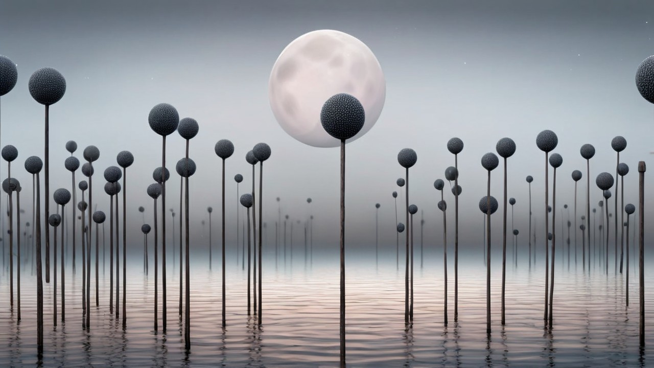 Surreal Landscape with Poles and Luminous Moon