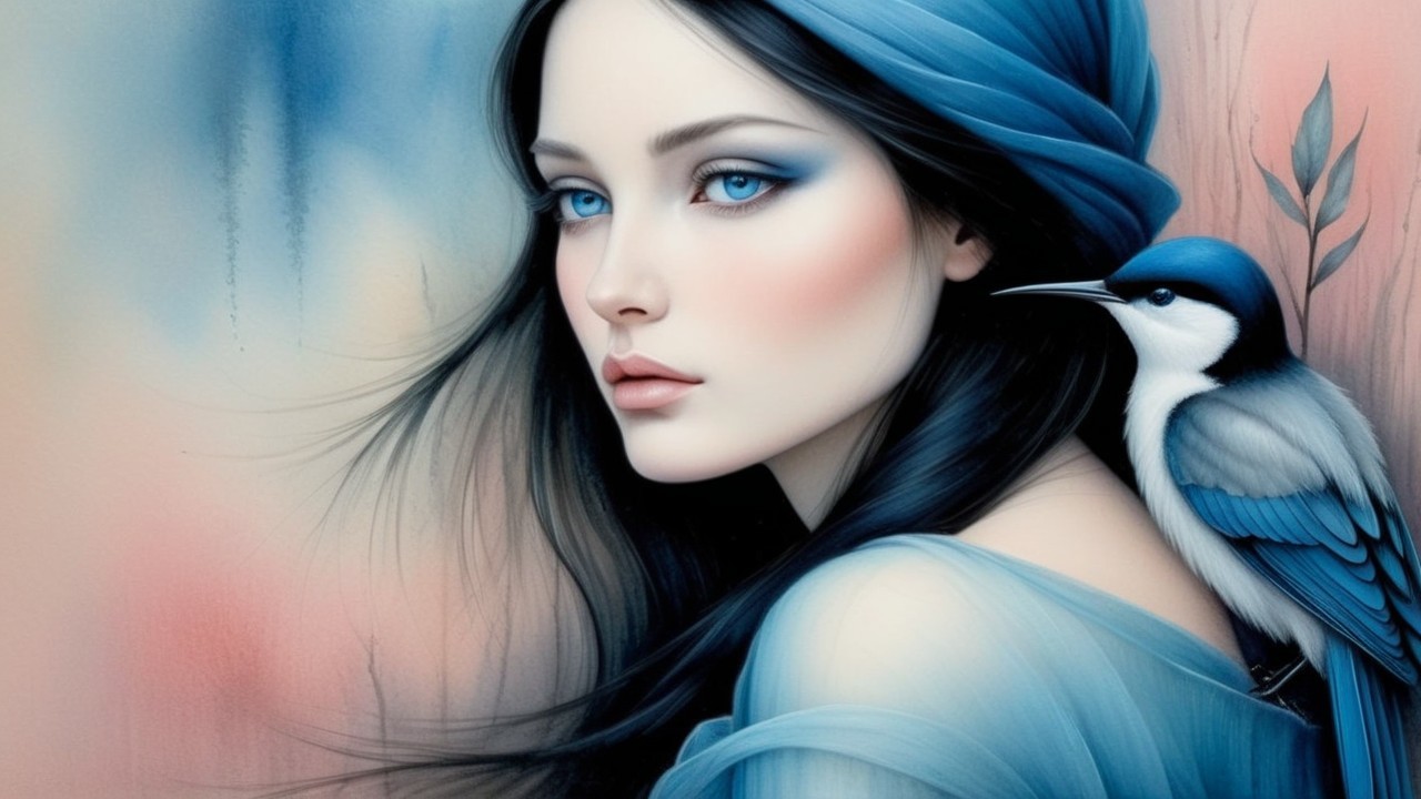 Serene Woman with Blue Eyes and Pastel Colors