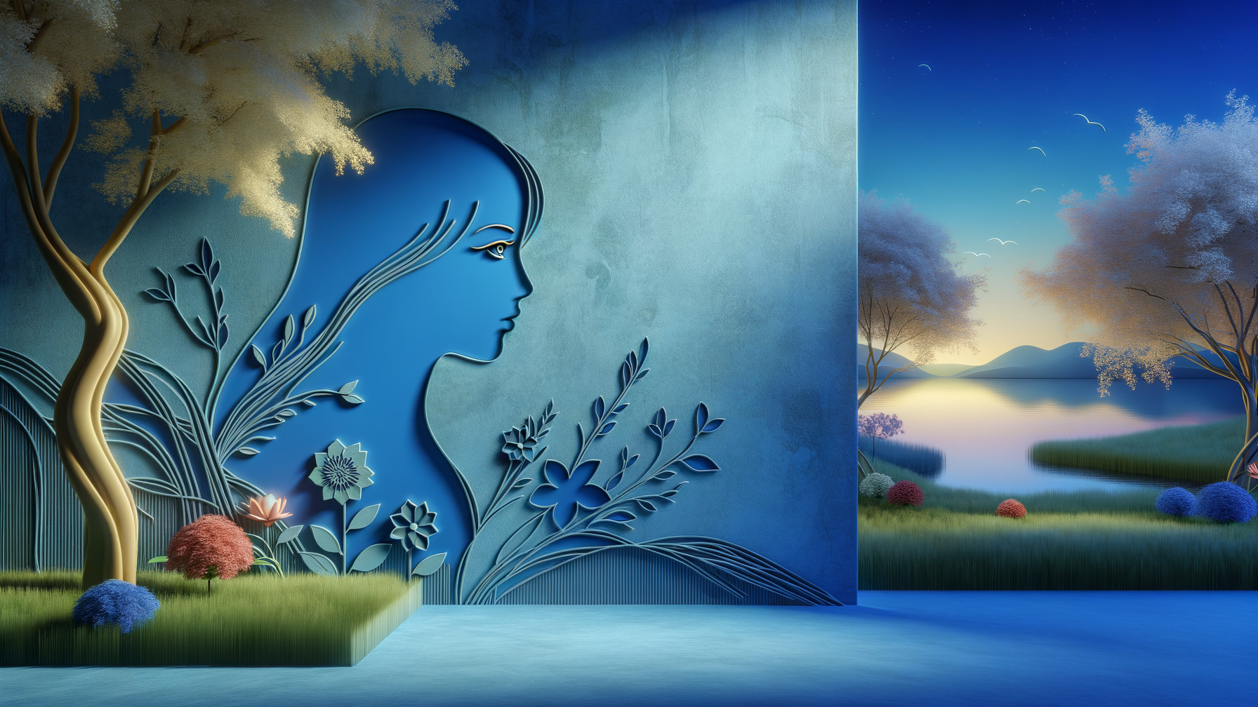 Serene Blue Wall with Floral Woman Profile and Lake