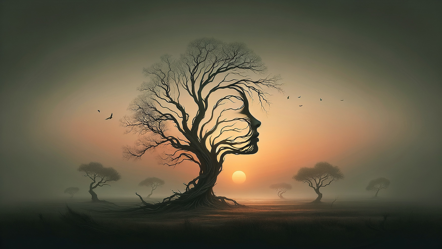Surreal Landscape with Tree Shaped Like Woman's Face