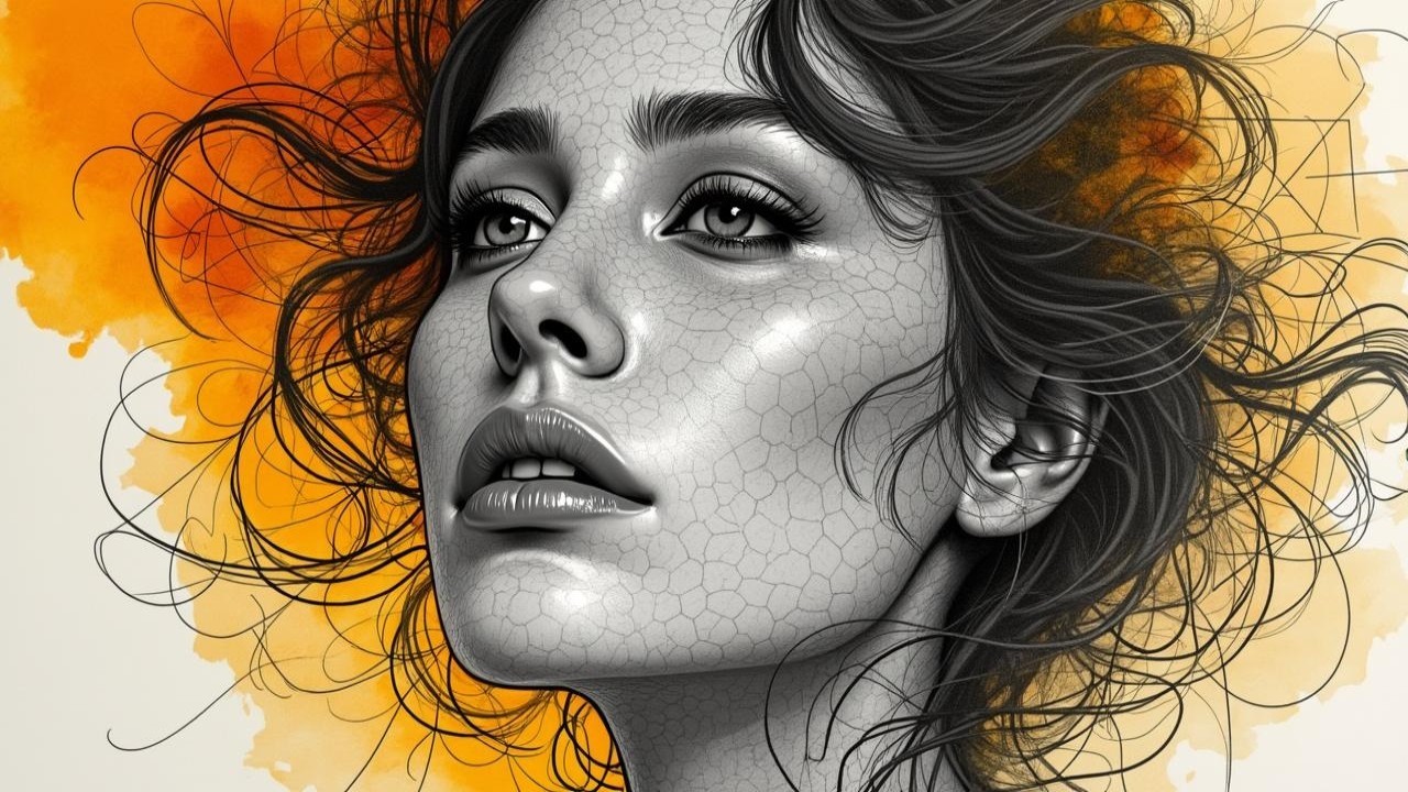 Illustration of a young woman with flowing hair and honeycomb texture