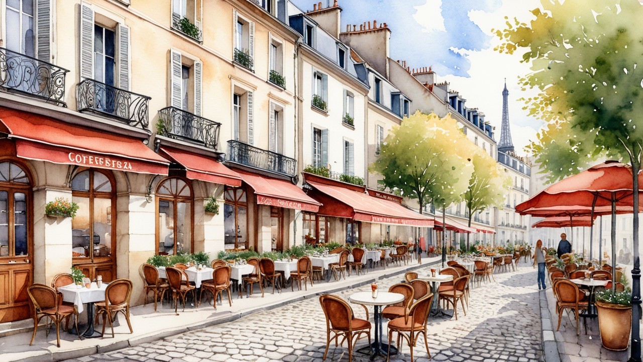 Charming Parisian Street Scene with Cafés and Eiffel Tower