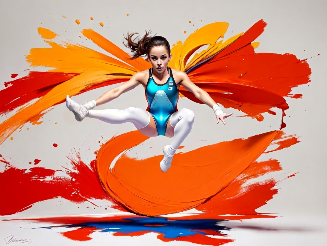 Graceful Gymnast in Vibrant Leotard Mid-Air Leap