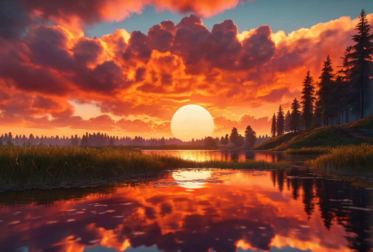 Vibrant Sunset Reflected in Calm Lake Landscape