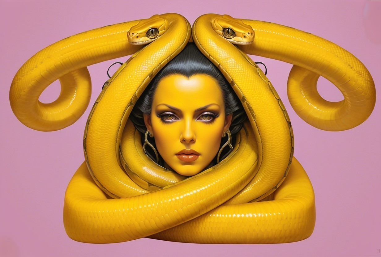 Portrait of a woman with yellow snakes and pink background