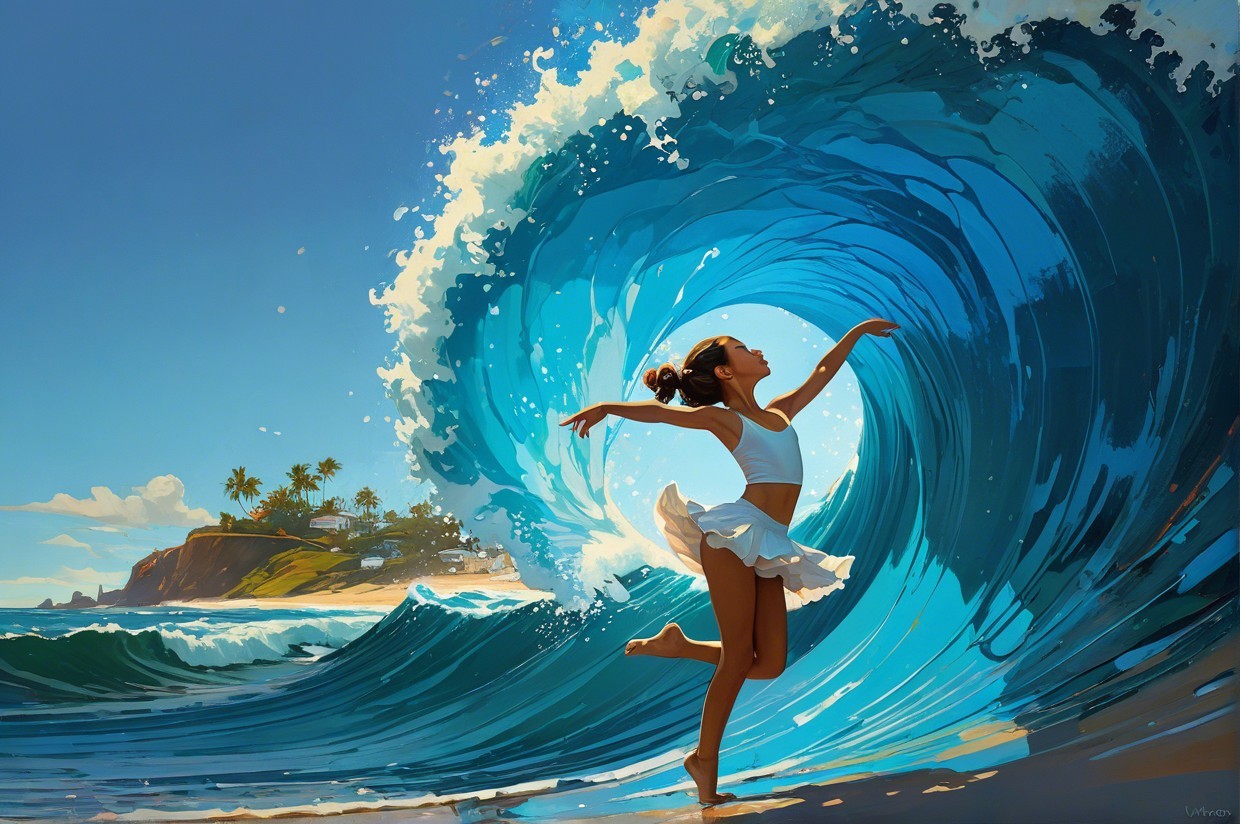 Young Woman Dancing by Turquoise Waves and Coastline