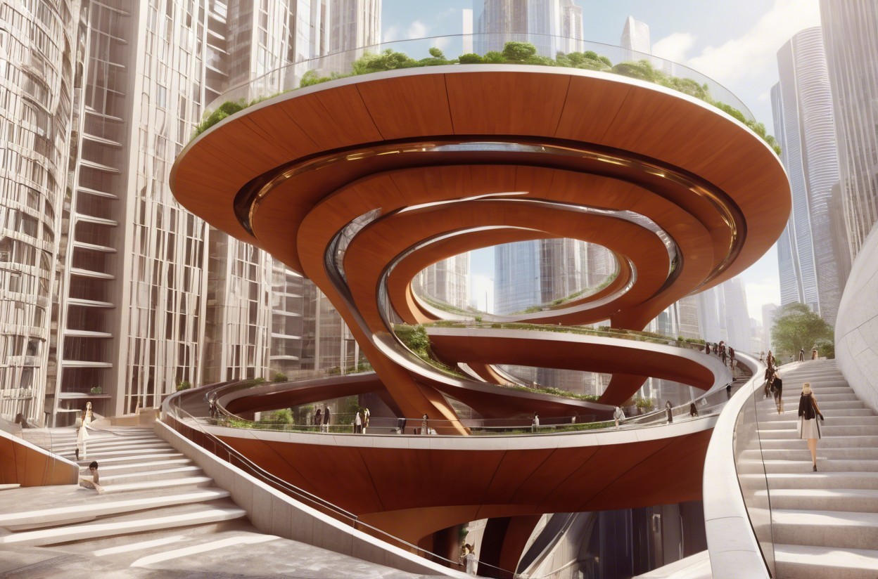 Futuristic Architectural Design with Wooden Walkways