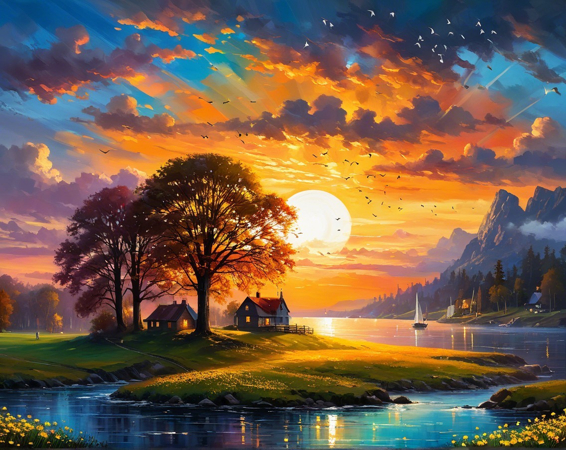 Serene Sunset Landscape with Houses and River