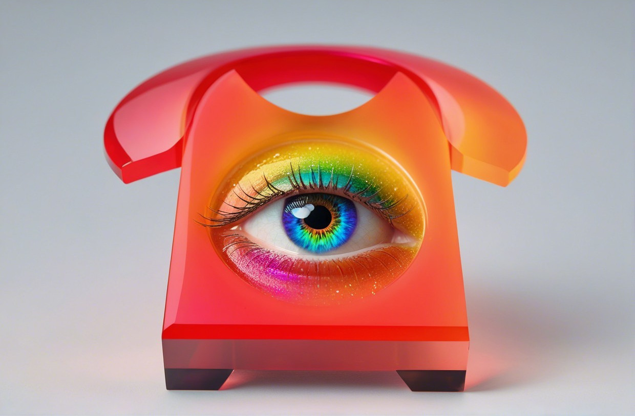 Surreal Telephone Sculpture with Colorful Eye Design