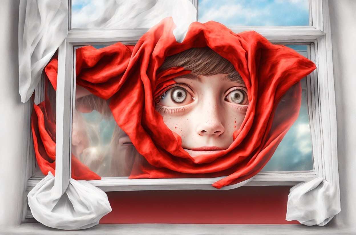 Surreal illustration of child's face in red cloth by window