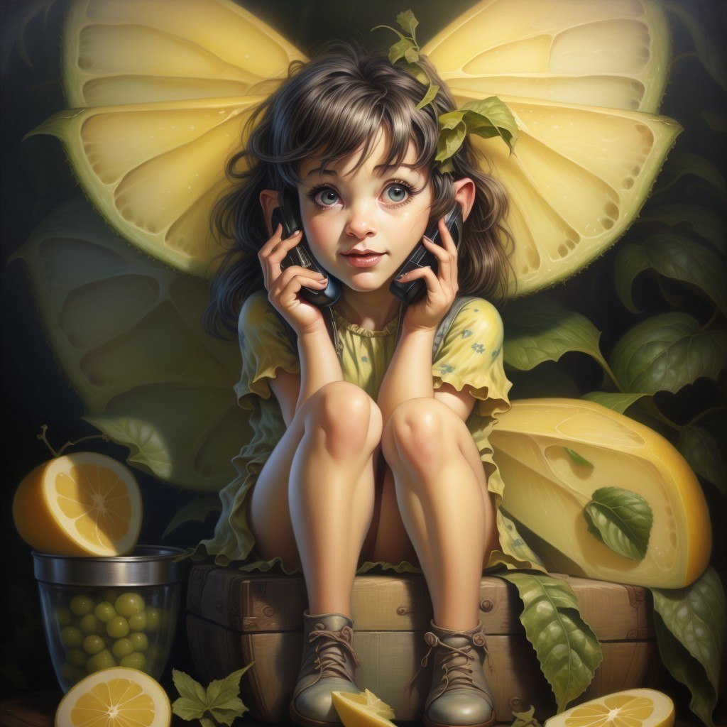 Whimsical Scene of Girl with Lemon Wings and Fruit