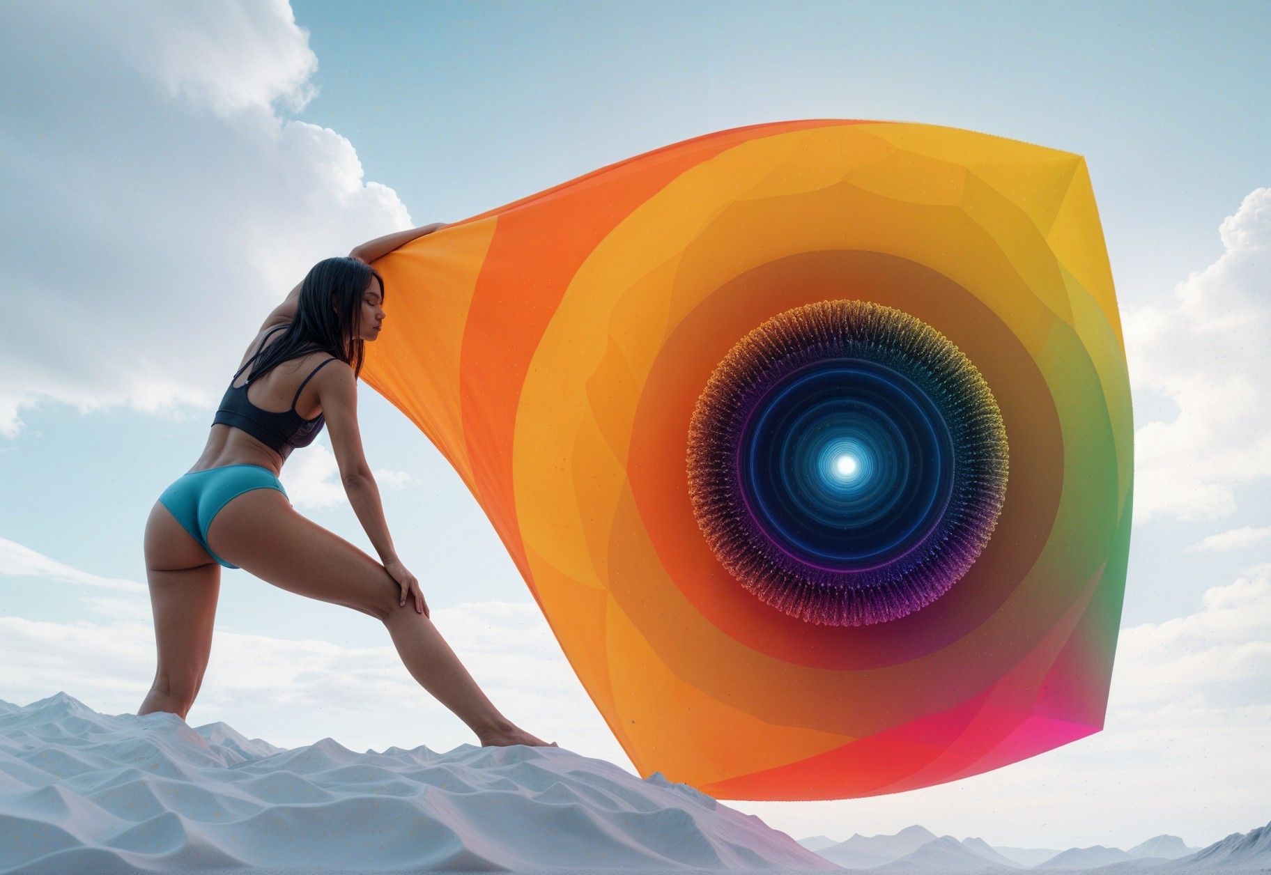 Woman in Sandy Landscape with Flowing Vibrant Fabric