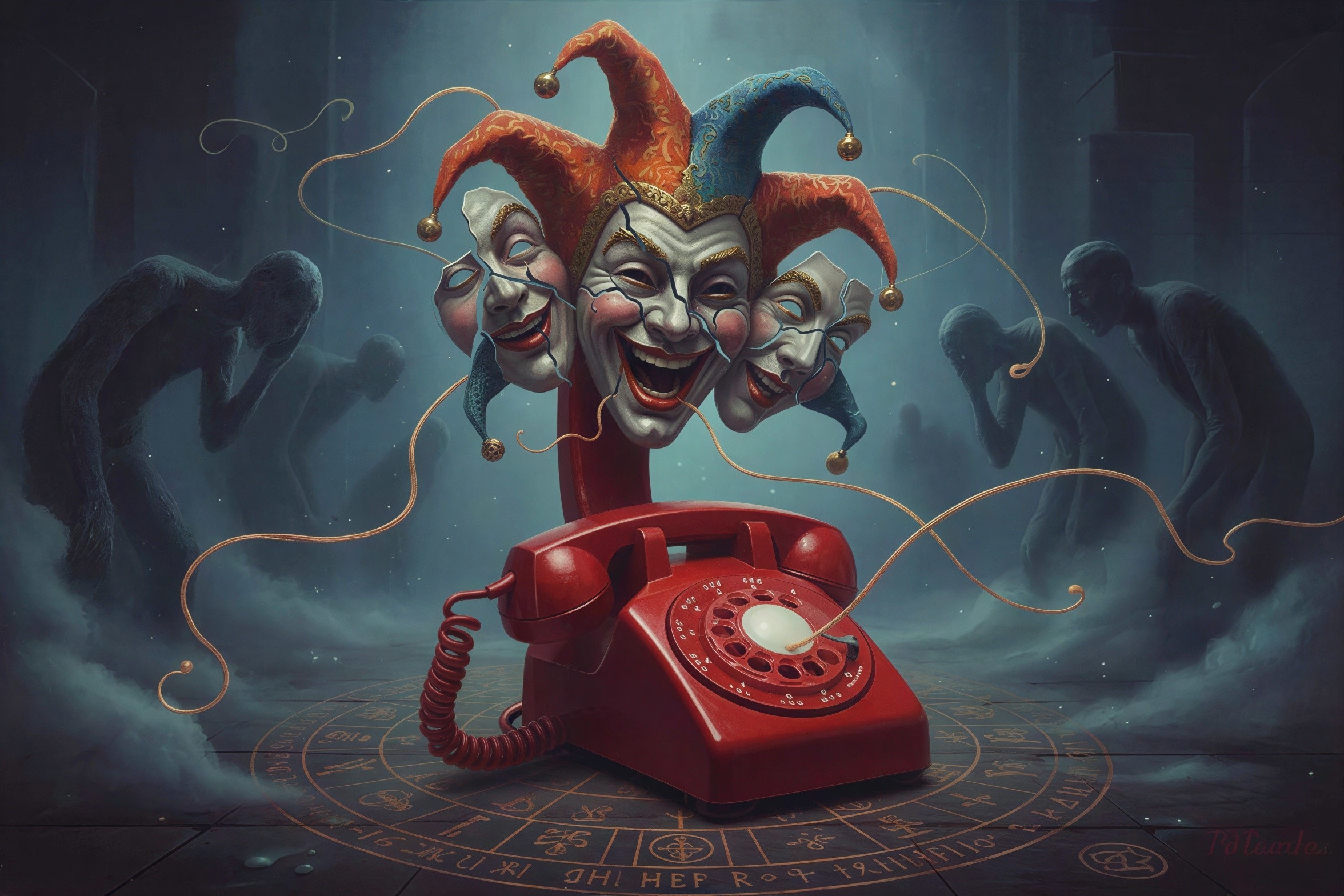 Red Rotary Telephone with Jester's Head and Golden Wires