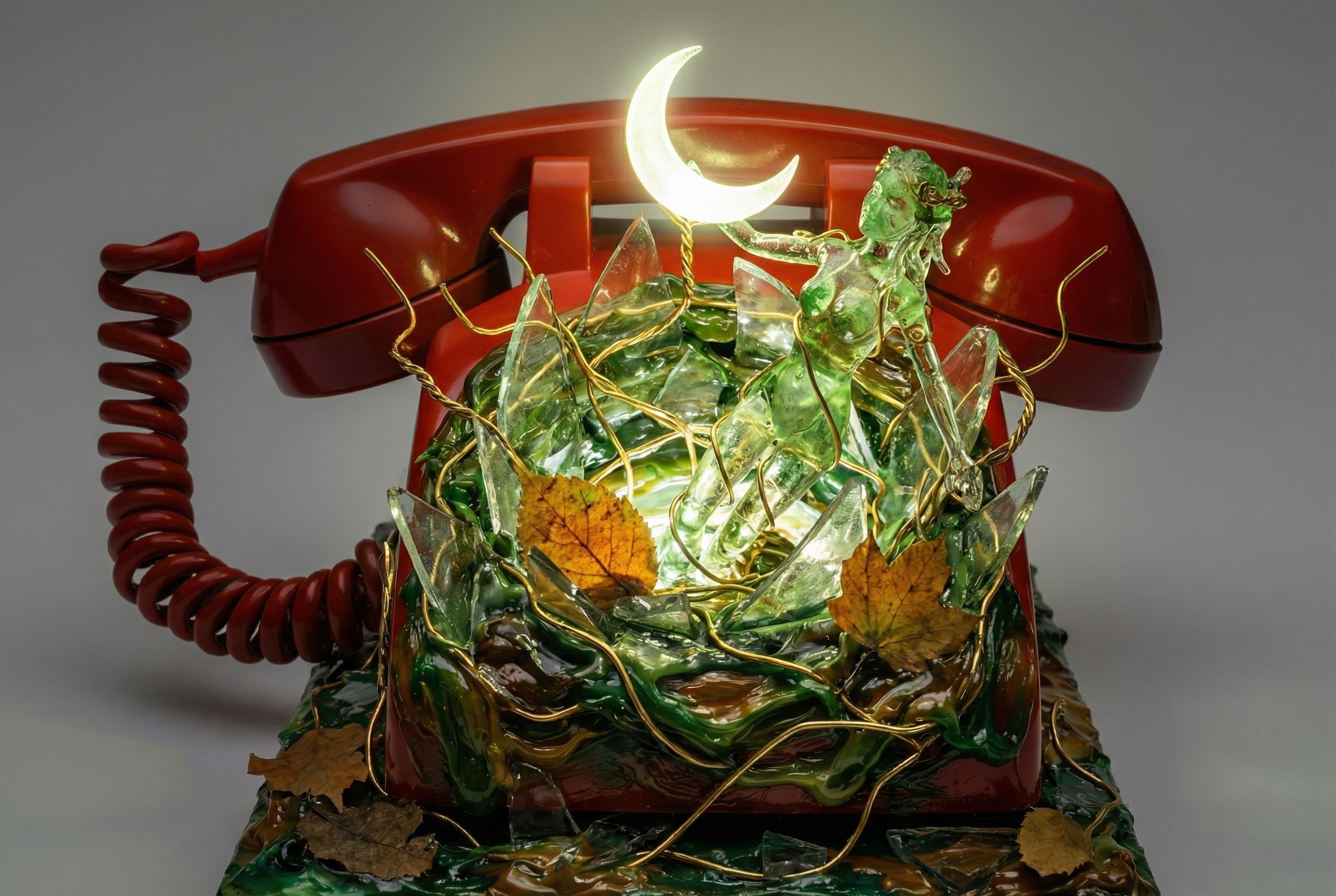 Vintage Red Rotary Phone with Decorative Glass and Leaves