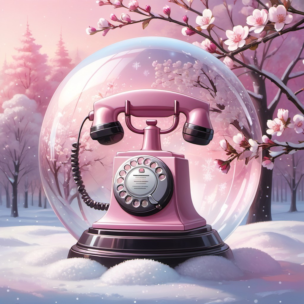 Vintage Pink Telephone in Snowy Cherry Blossom Scene