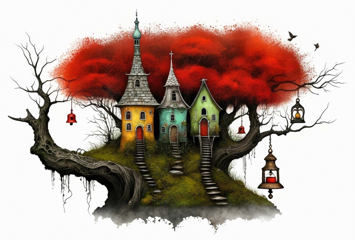 Fantasy Houses in a Twisted Tree with Lanterns