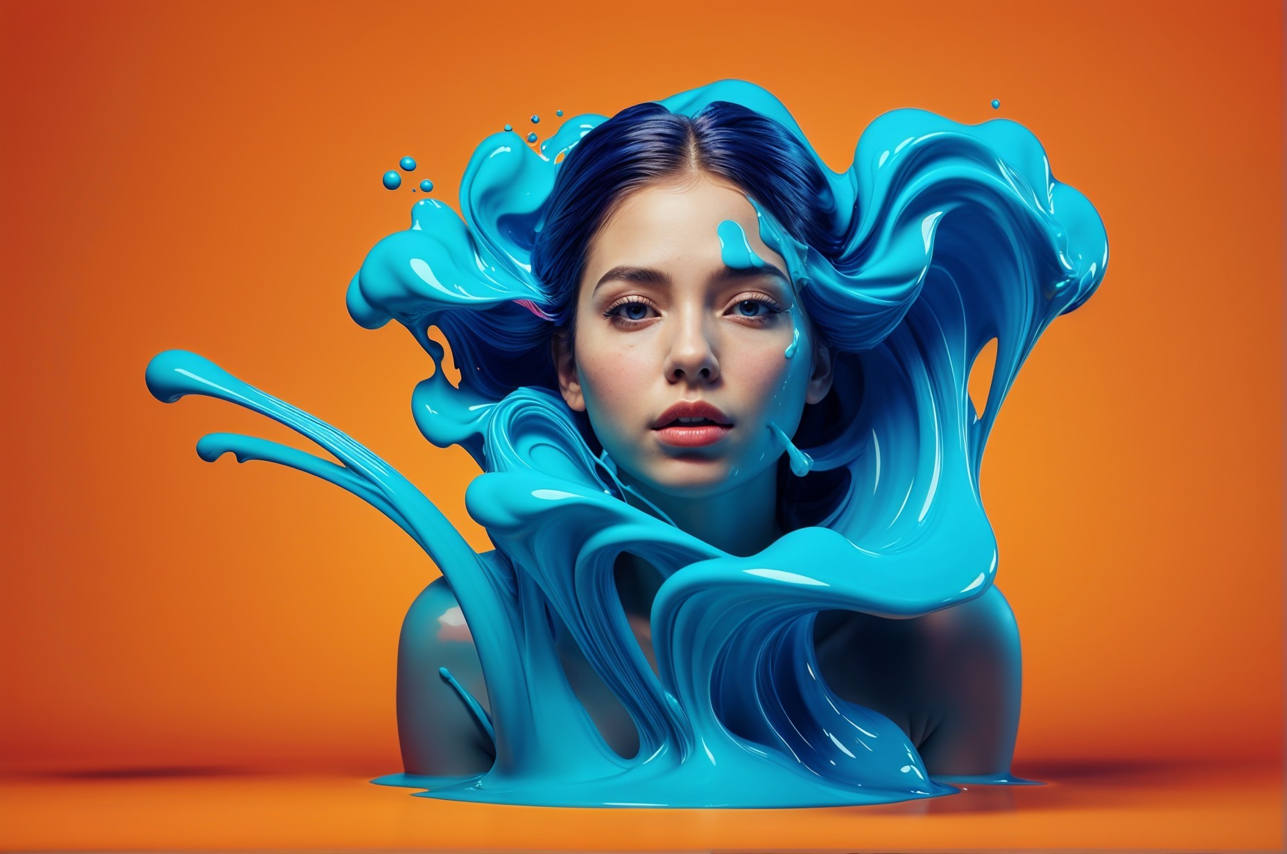 Portrait of a Young Woman in Blue Paint and Orange Background