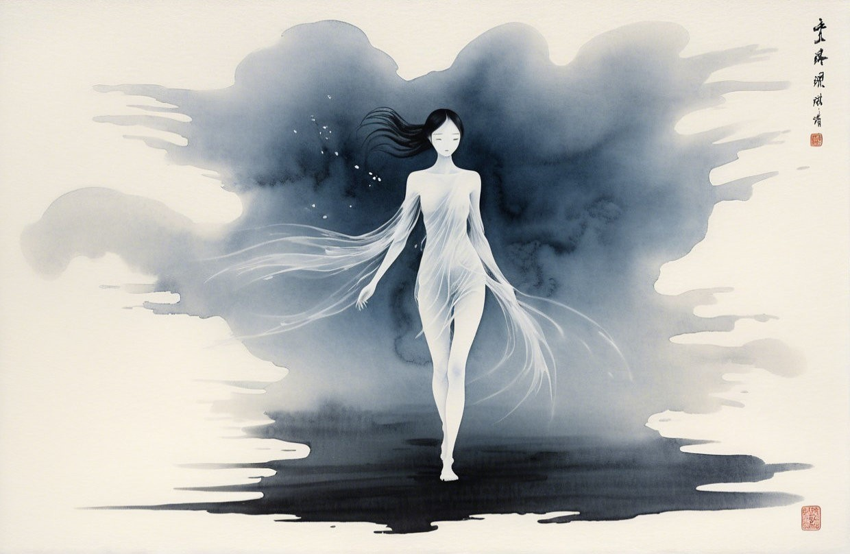 Ethereal Figure in Translucent Fabric Amid Mist