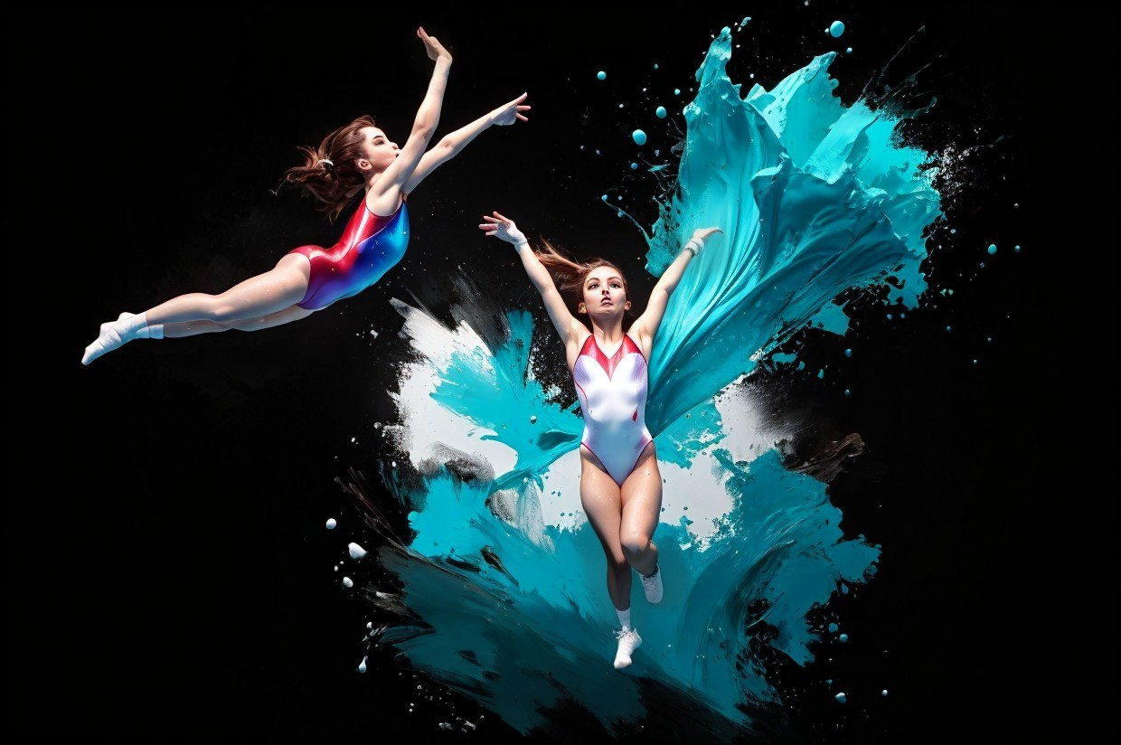 Two female dancers in mid-air with blue paint splashes on black background