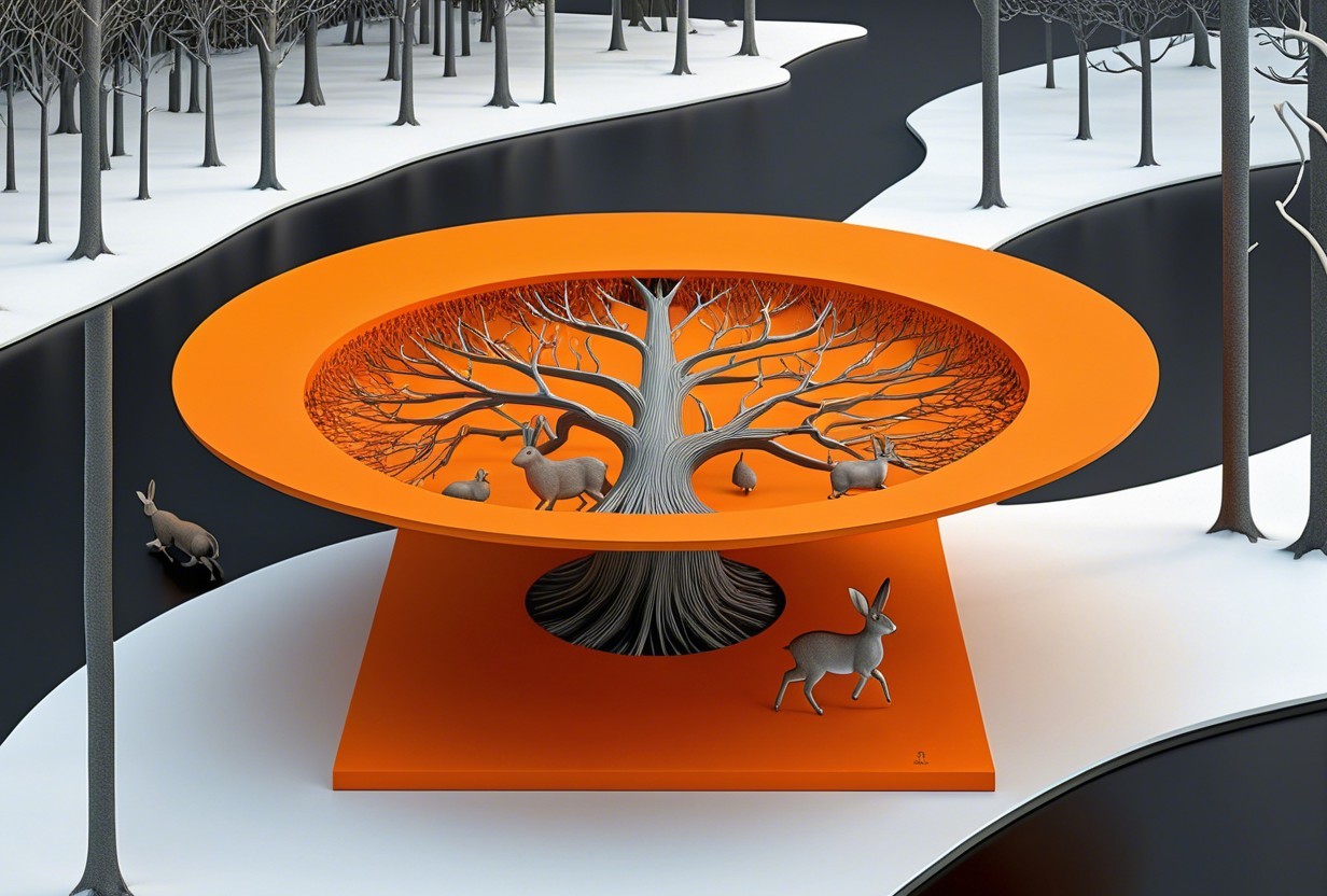 Surreal Landscape with Orange Platform and Sculpted Tree