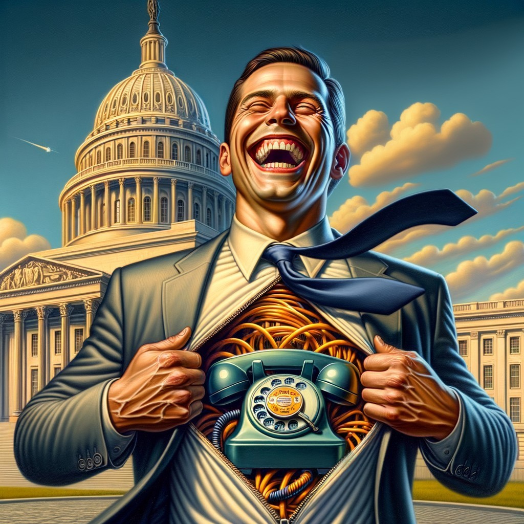 Jovial Man Reveals Vintage Telephone in Surreal Scene