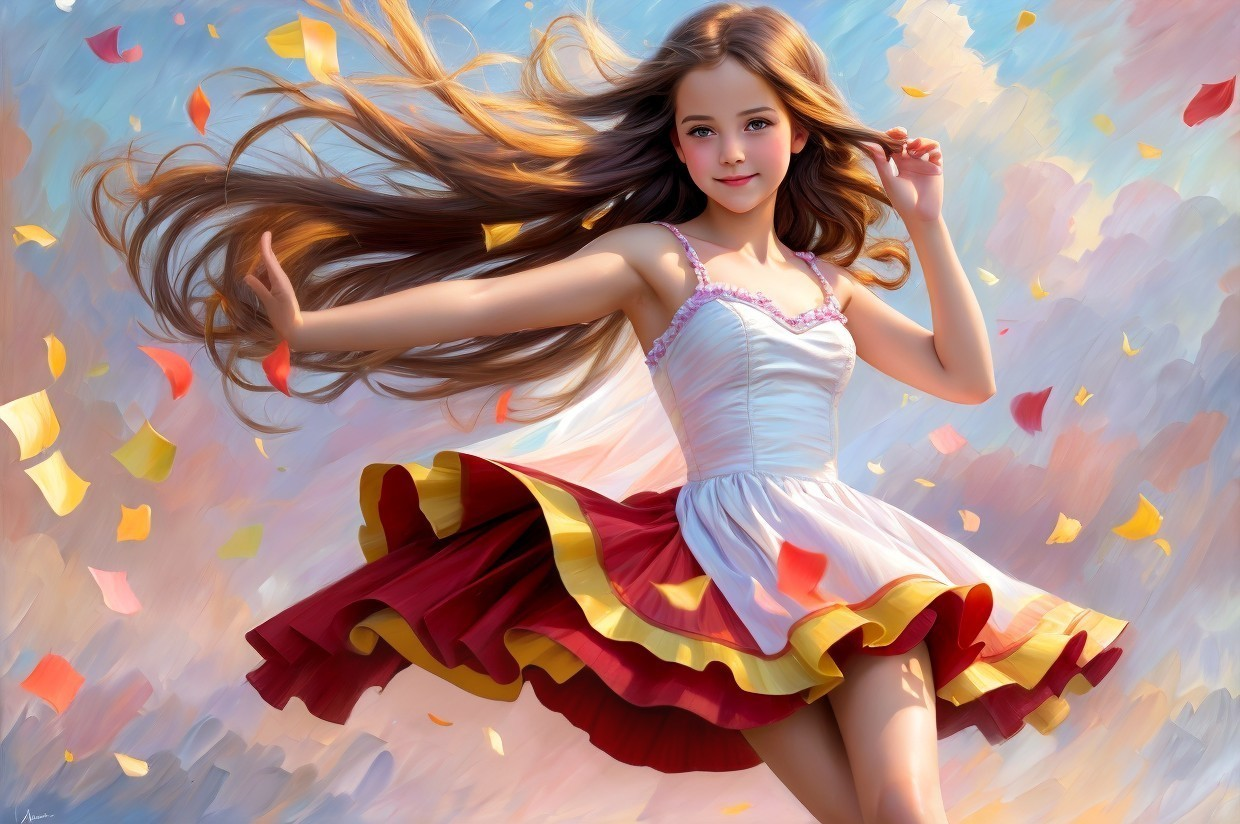 Digital painting of a girl in a red and white dress