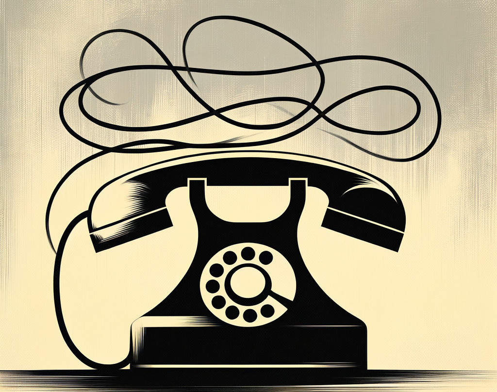 Monochrome vintage rotary telephone with abstract lines in artwork