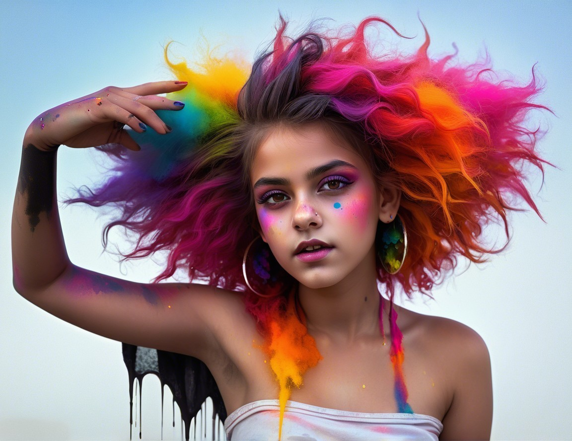 Young girl with multicolored hair and artistic makeup
