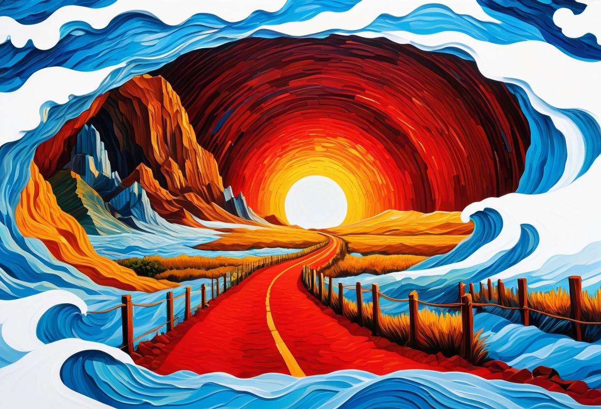 Vibrant Landscape with Winding Road and Sunset Sky