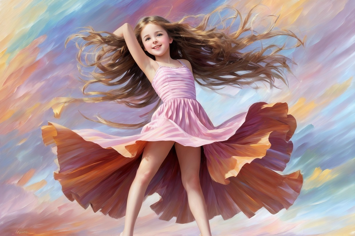 Young girl in pink dress spinning against vibrant backdrop