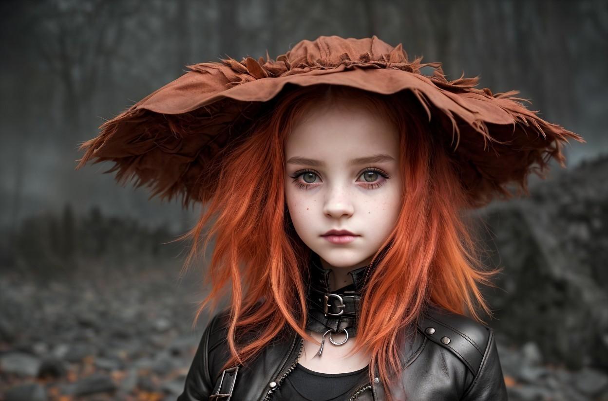 Striking red-haired girl in leaf hat and leather jacket against misty woods