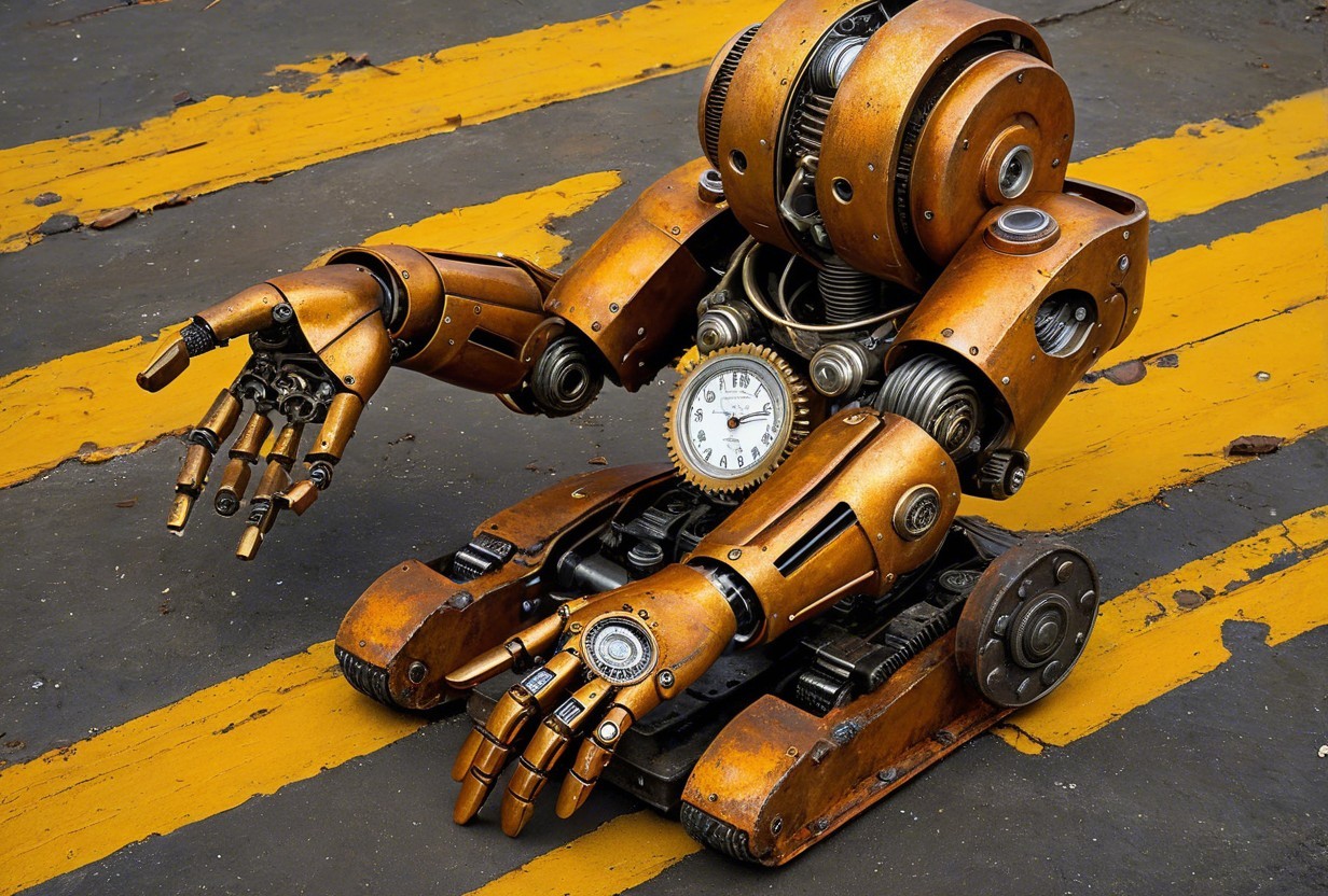 Steampunk Robot with Gears and Vintage Clock Design