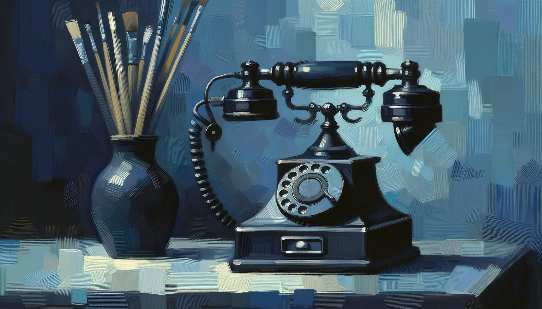 Vintage rotary telephone and paintbrushes in impressionistic painting